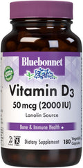 Bluebonnet Nutrition Vitamin D3 2000 IU Vegetable Capsule, Aid in Muscle and Skeletal Growth, Cholecalciferol from Lanolin, D3, Non GMO, Gluten Free, Soy Free, Milk Free, Kosher, 180 Vegetable Capsule