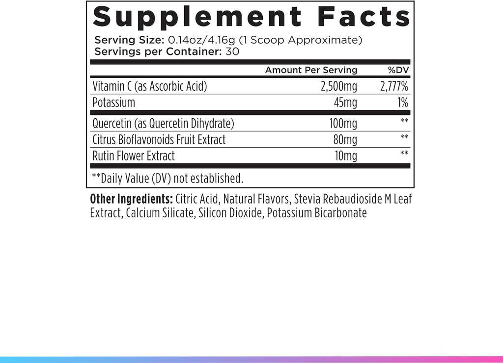 Livingood Daily High Dose Vitamin C Powder Supplement, 2,600 MG Ascorbic Acid Powder Supports Immunity & Skin Health, Powdered Vitamin C with Quercetin, Sweetened with Stevia, Vegan, 30 Servings