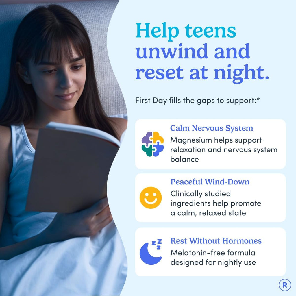 FIRST DAY Teen's Multivitamin, Calming Magnesium & Brain Focus Gummies | Daily Nutrients, Mood, & Focus | Clean Label Project Verified® | Vegan | 30-Day Supply