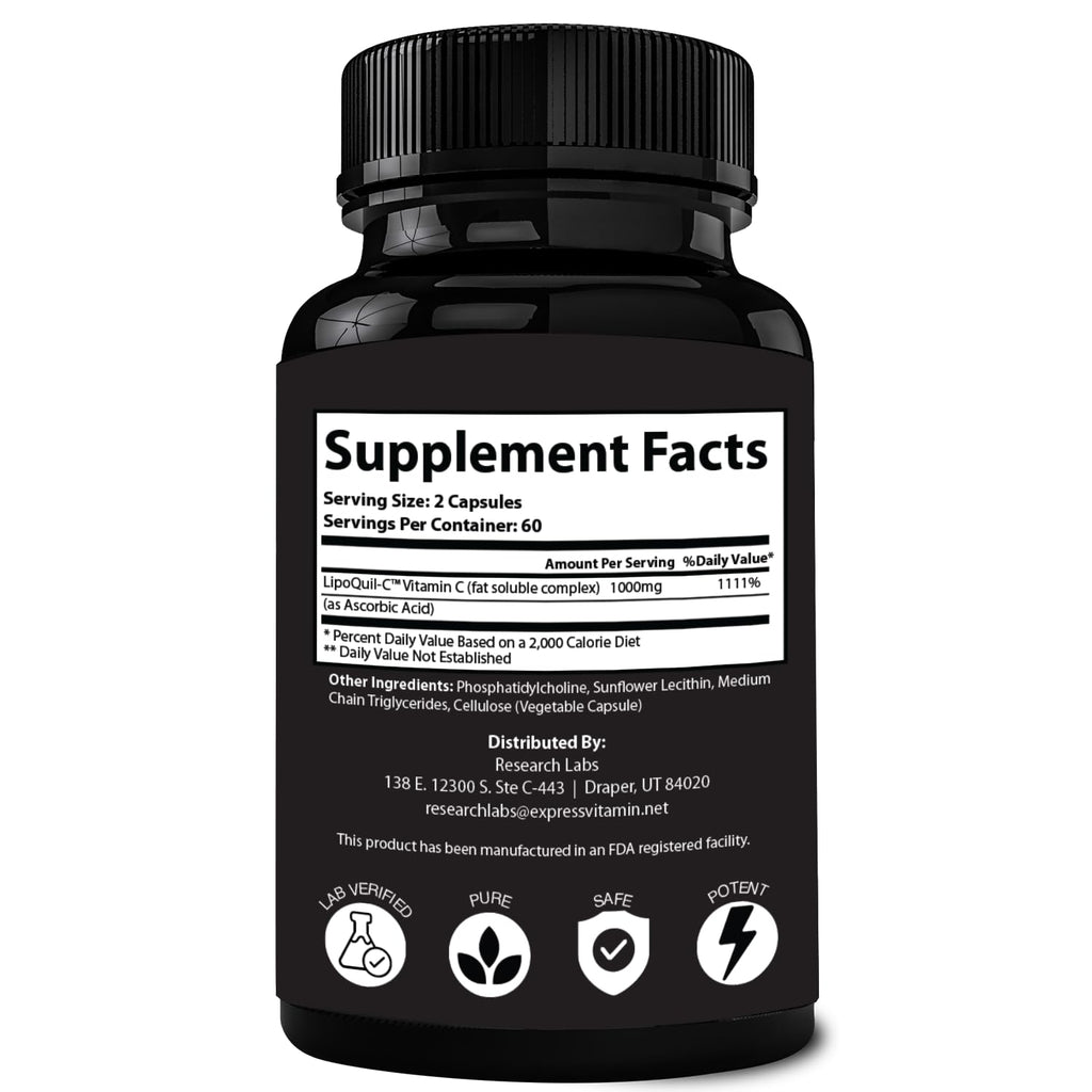 Research Labs Liposomal Vitamin C Supplement w/Enhanced Absorption LipoQuil-C™ | 2 Fer 1 ad 240 Capsules Total Immune Support Collagen Booster | High Dose Fat Soluble Vita C 1000mg Buffered | Non GMO
