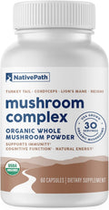 NativePath Mushroom Complex, Organic, Lion's Mane & Cordyceps, 60 Count | Turkey Tail, Reishi & Beta-Glucans, Supports Immune, Focus & Energy, Vegan, Nootropic Blend