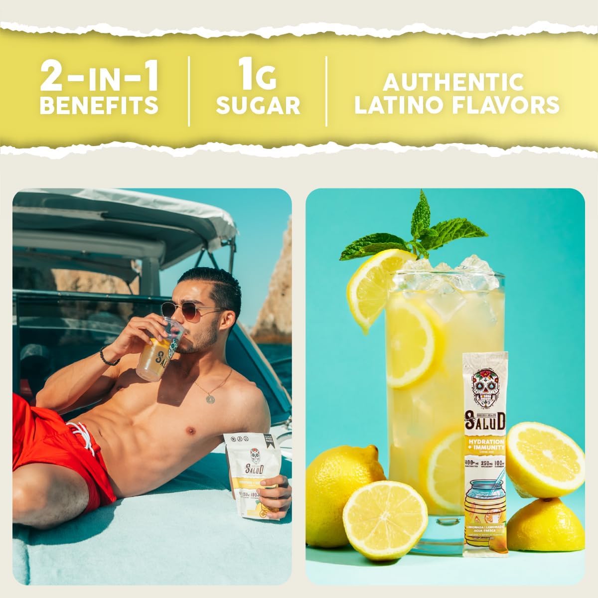 Salud 2-Pack | 2-in-1 Hydration + Immunity (Lemonade) & Hydration + Immunity (Mango) – 15 Servings Each, Agua Fresca Drink Mix, Non-GMO, Gluten Free, Vegan, Low Calorie, 1g of Sugar