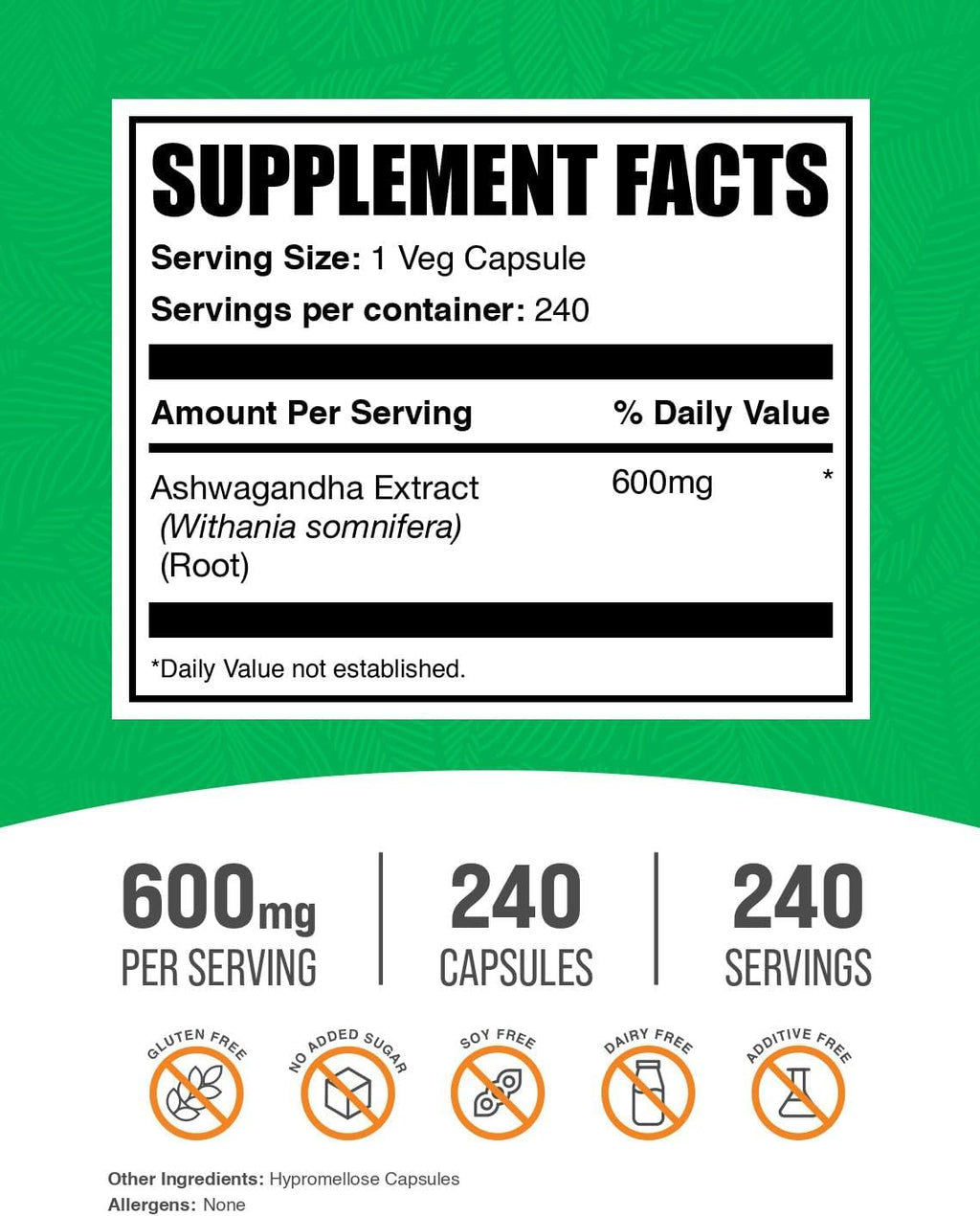 BulkSupplements.com Ashwagandha Extract Capsules - Ashwagandha Extract, Herbal Supplement - Vegan & Gluten Free, 1 Capsule per Serving, 240 Count (Pack of 1)