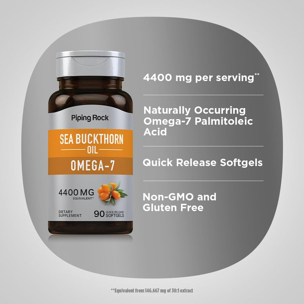 Piping Rock Sea Buckthorn Oil Capsules | 90 Softgels | Sea Buckthorn Berry Extract | With Omega-7 | Gluten Free, Non-GMO
