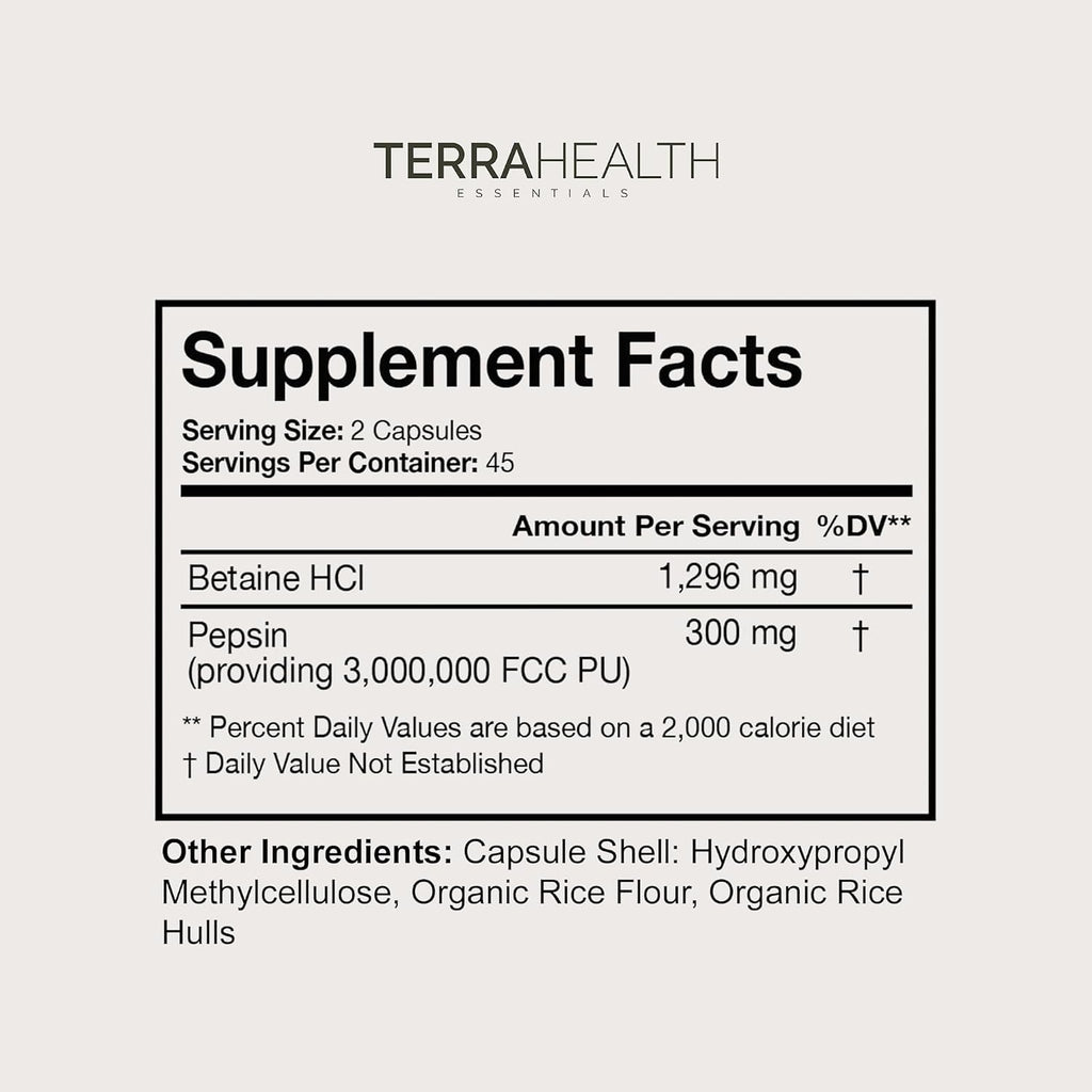 Terra Health Essentials Reflux Inhibitor - Daily Digestive Support Supplement for Efficient Digestion, Nutrient Absorption & Acid Balance - Betaine HCl with Pepsin - 30-Day Supply, 90 Capsules
