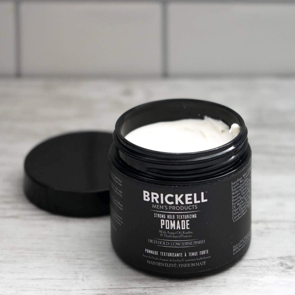 Brickell Men's Products Strong Hold Texturizing Pomade For Men, Pliable Hair Styling Fiber Pomade, With Hydrolyzed Proteins, Argan Oil, and Kaolin, 2 Ounce, Scented