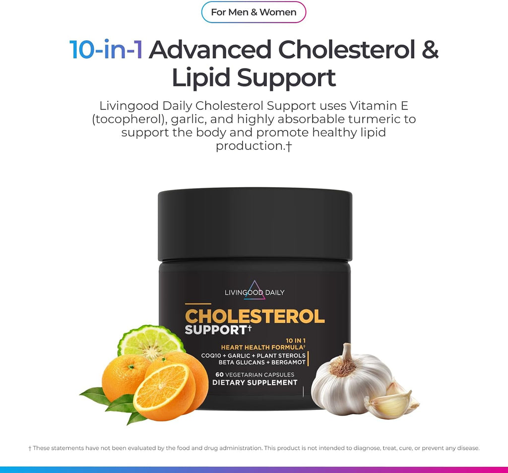 Livingood Daily Cholesterol Support Supplement with Garlic, CoQ10, Vitamin E, Bergamot, Plant Sterols for Body and Heart Health Support, Supports LDL and Triglycerides, Gluten Free, Vegan, 60 Capsules