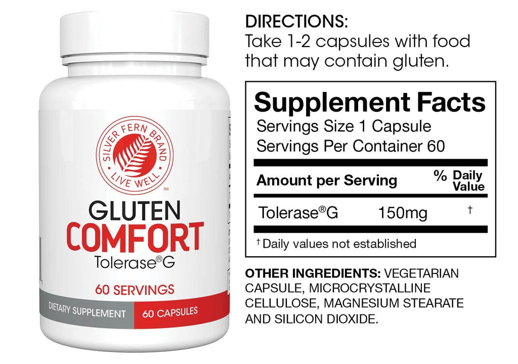 Silver Fern Gluten Comfort with Tolerase G - 1 Bottle - 60 Capsules | Digestive Enzyme Made Specifically to Break Down and Digest Gluten Protein