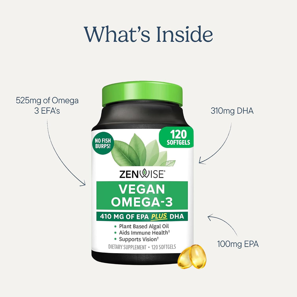 Zenwise Health Vegan Omega 3 Supplement, Algae Oil, EPA DHA - 120 CT | 120 Softgels, Plant-based Fish Oil Alternative, 510mg EPA DHA DPA, Algal Oil, Sustainably Sourced, Burpless, Non-GMO, Vegan