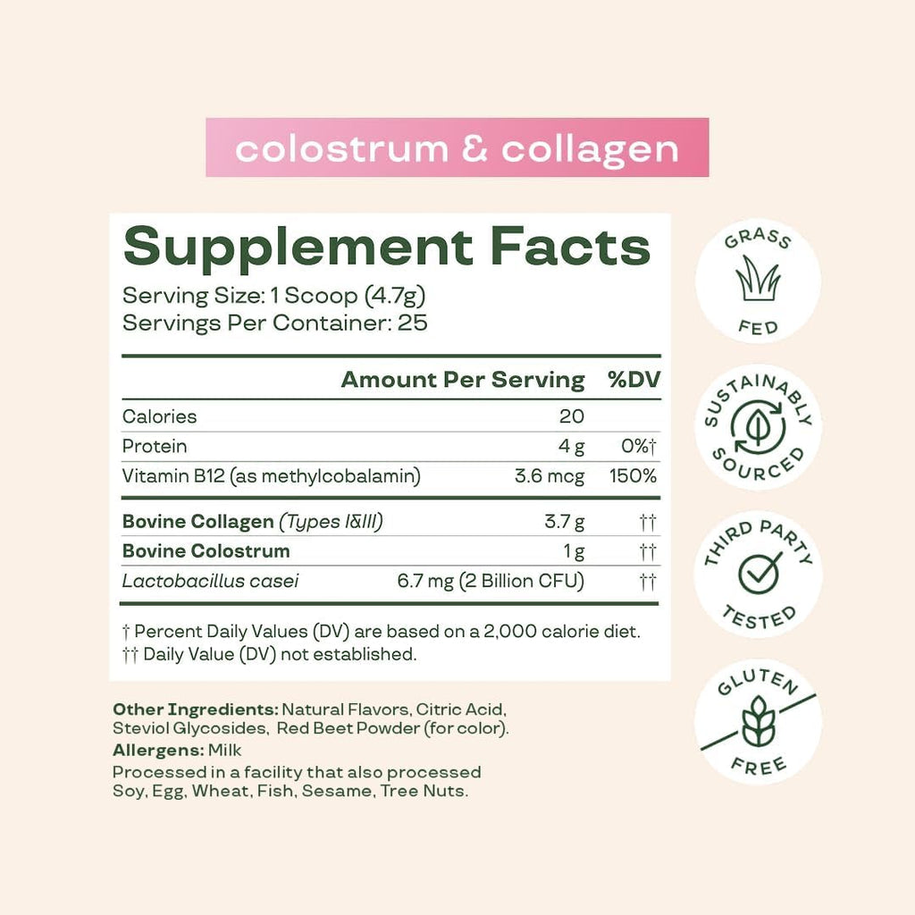 Bloom Nutrition Bovine Colostrum Powder, Strawberries & Cream, 25 Servings | Gut Health, Immune Support, Hair Growth & Beauty Supplement, Gluten Free, Sugar Free