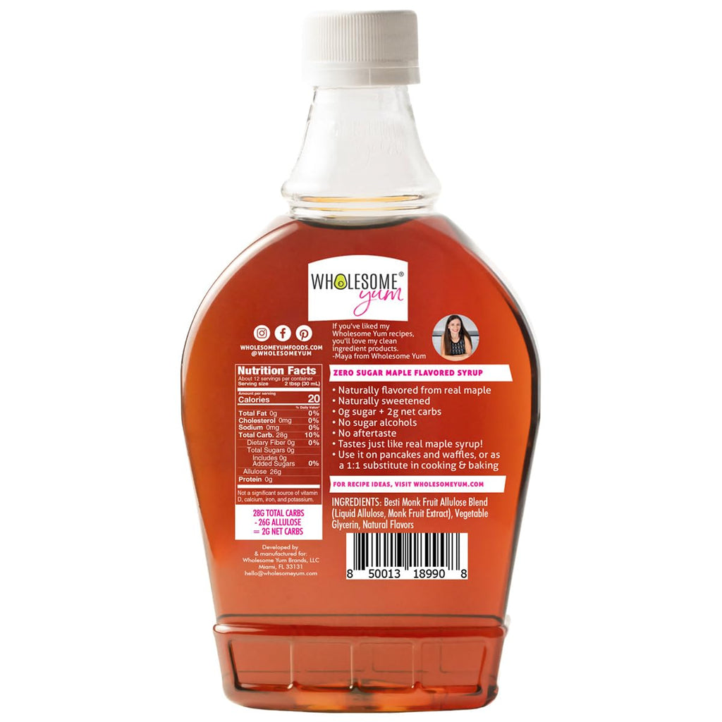 Wholesome Yum Zero Sugar Maple Syrup, Monk Fruit Allulose Keto Maple Syrup | Natural Sugar Free Pancake Syrup. Low Carb, Gluten-Free, Vegan, Non GMO, No Erythritol, No Aftertaste (12 fl oz Glass Bottle)