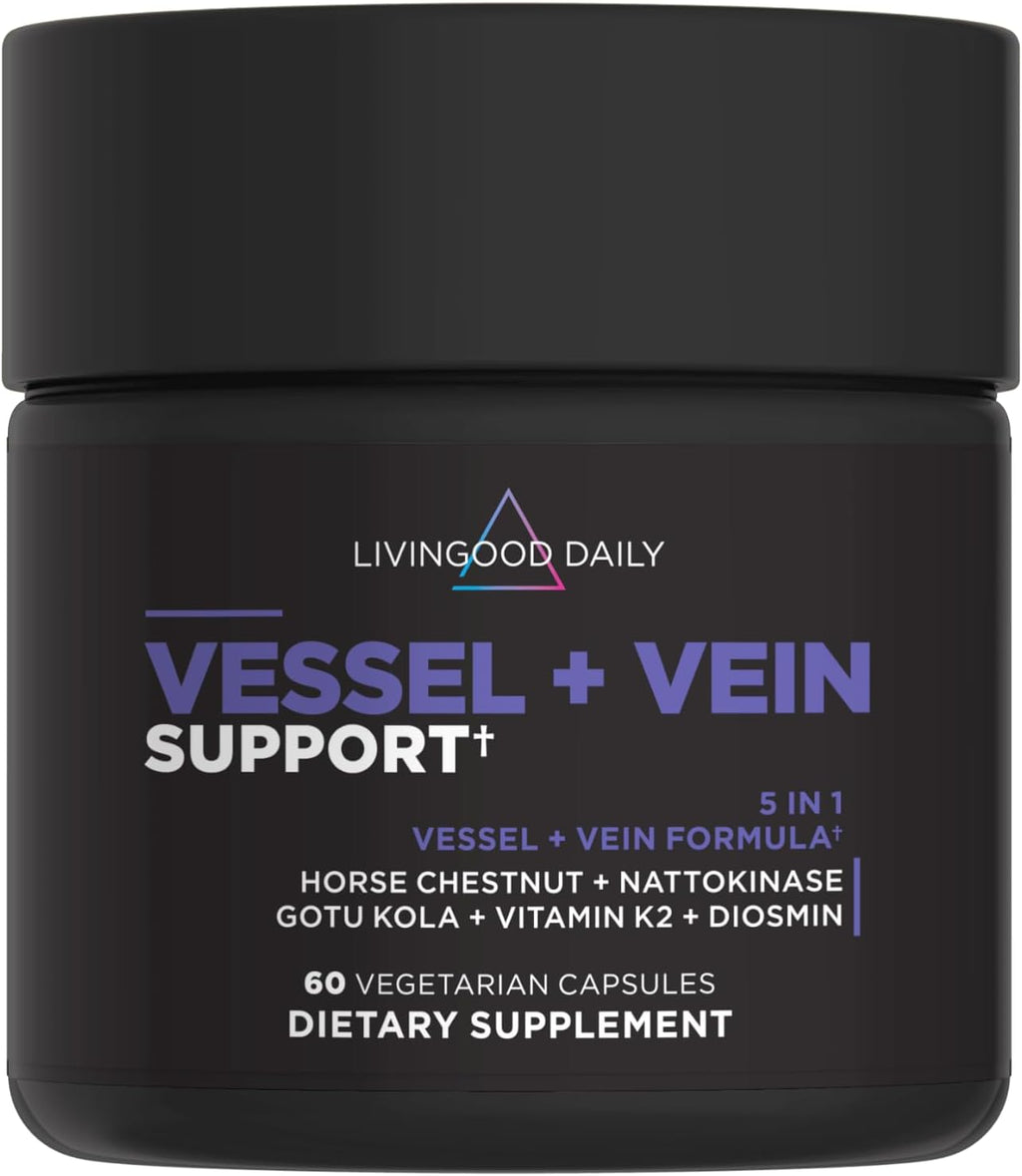 Livingood Daily Vessel & Vein Support, Circulation & Vein Support Supplement with Diosmin, Horse Chestnut, Nattokinase, Gotu Kola & Vitamin K2, Vascular & Vein Health Formula, Gluten Free, 60 Capsules