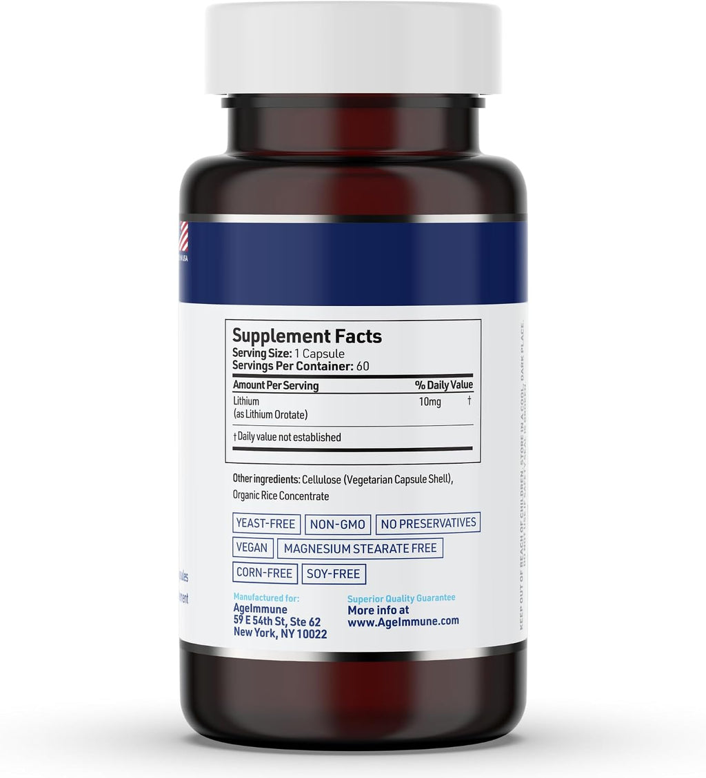 Lithium Orotate 10mg per Capsule - 60 Vegetarian Capsules. Memory and Emotional Wellness Support - Magnesium Stearate Free - 2 Months Supply of Lithium Supplement.