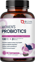 NATURE TARGET Women's Probiotic, 100 Billion CFU, 31 Strains, 90 Servings | With Prebiotic And Enzymes For Digestive Health,Cranberry, D-Mannose Support Urinary Tract & Vaginal Wellness, Shelf-Stable