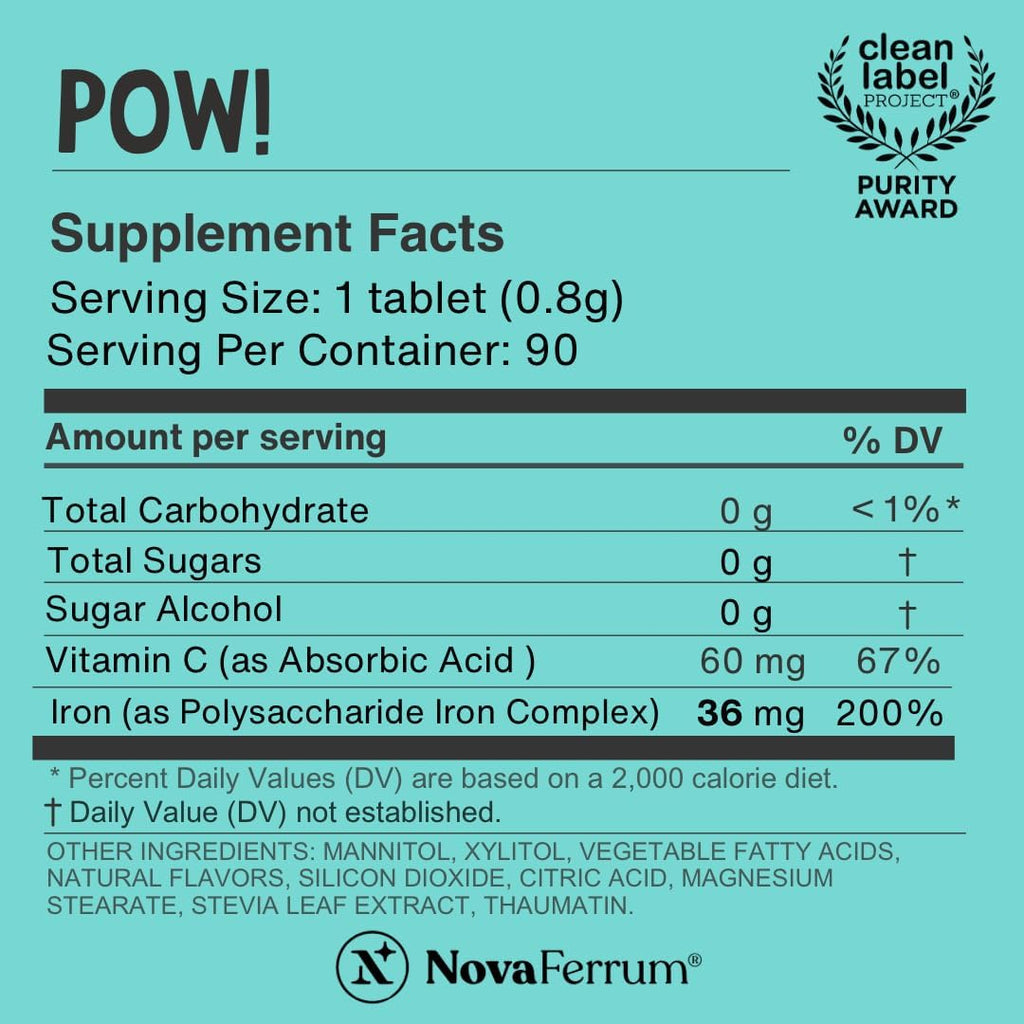 NovaFerrum Pow Chewable Iron Supplement 36mg for Anemic Teens & Adults 12+ | For Ages 12+ | Helps with Anemia and Iron Deficiency | Sugar Free, Vegan, Gluten Free Certified | 90 Servings