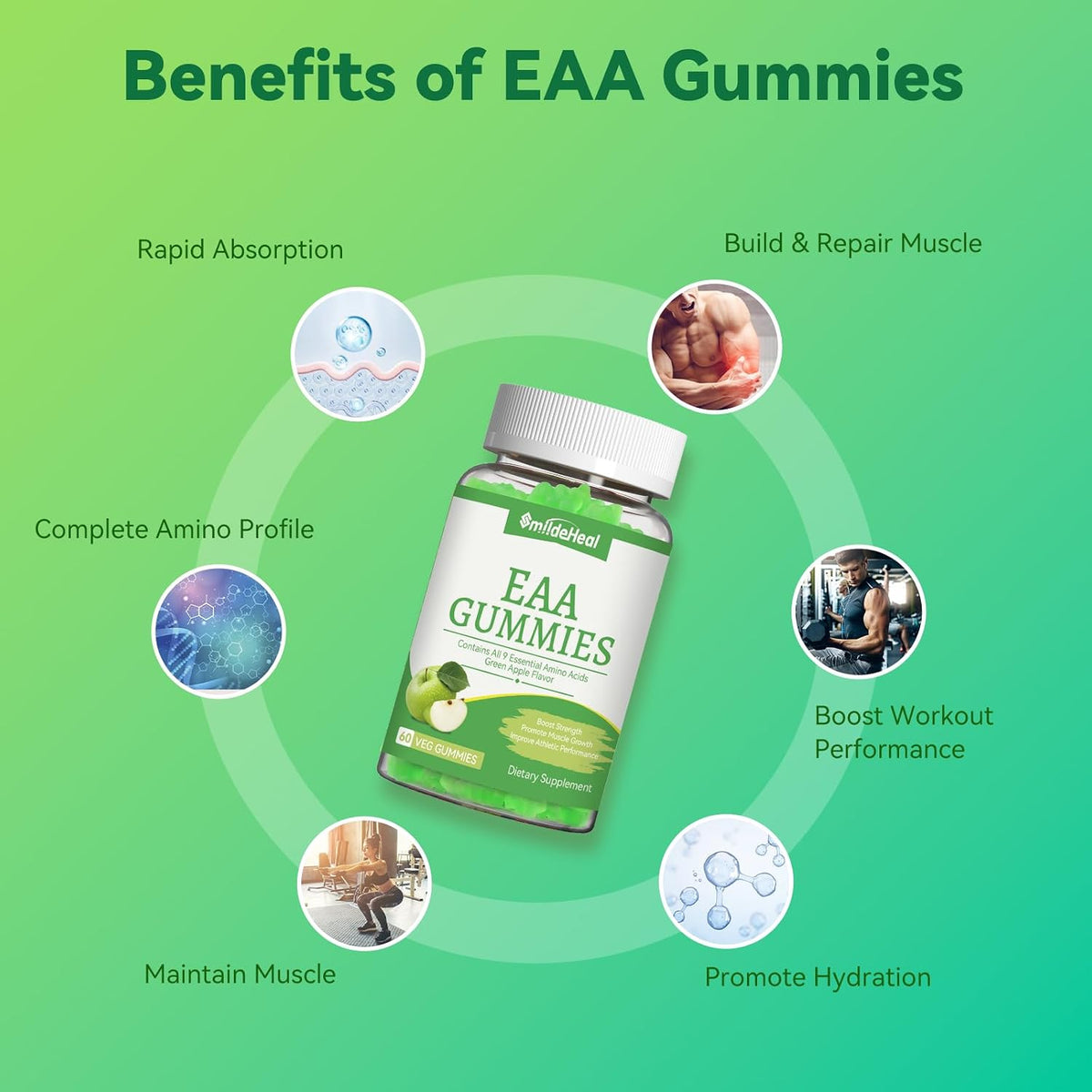EAA Gummies, Essential Amino Acids, Apple Flavor, 60 Vegan Gummies | All 9 Essential Aminos (EAA) and All Branched-Chain Aminos (BCAAs) for Muscle Recovery, Energy Support, Non-GMO, Gluten Free
