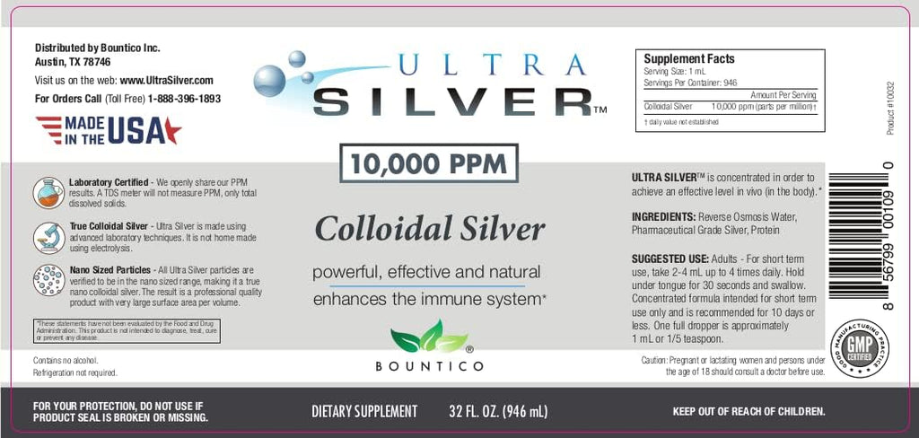 Ultra Silver® Colloidal Silver | 10,000 PPM, 32 Oz (946mL) | Mineral Supplement | True Colloidal Silver - 4 oz Dropper Bottle (Empty) Included for Dispensing!