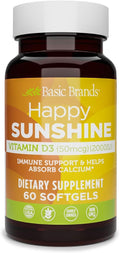 Basic Brands Happy Sunshine Vitamin D3 2000 IU | Gluten-Free, 60 Softgels