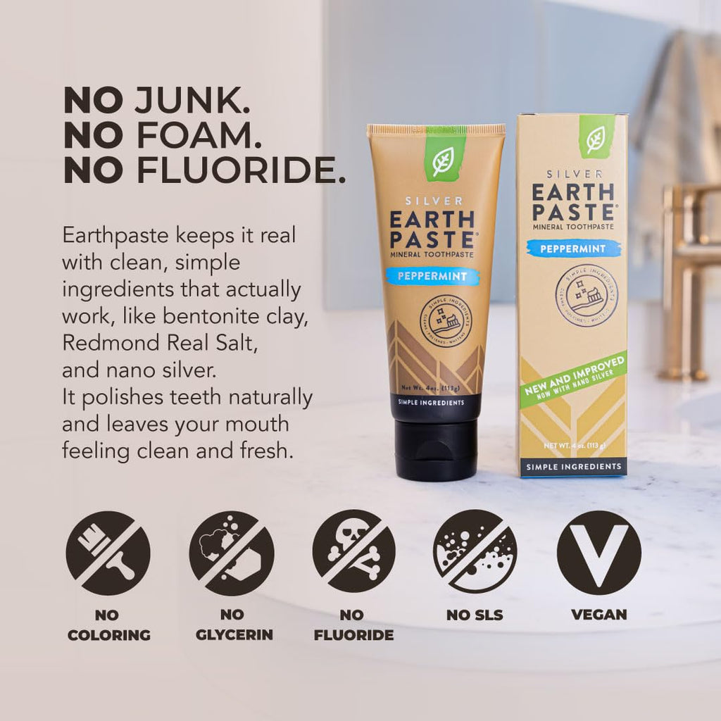 Redmond Earthpaste with Silver - Natural Non-Fluoride Toothpaste, 4 Ounce Tube (Peppermint)