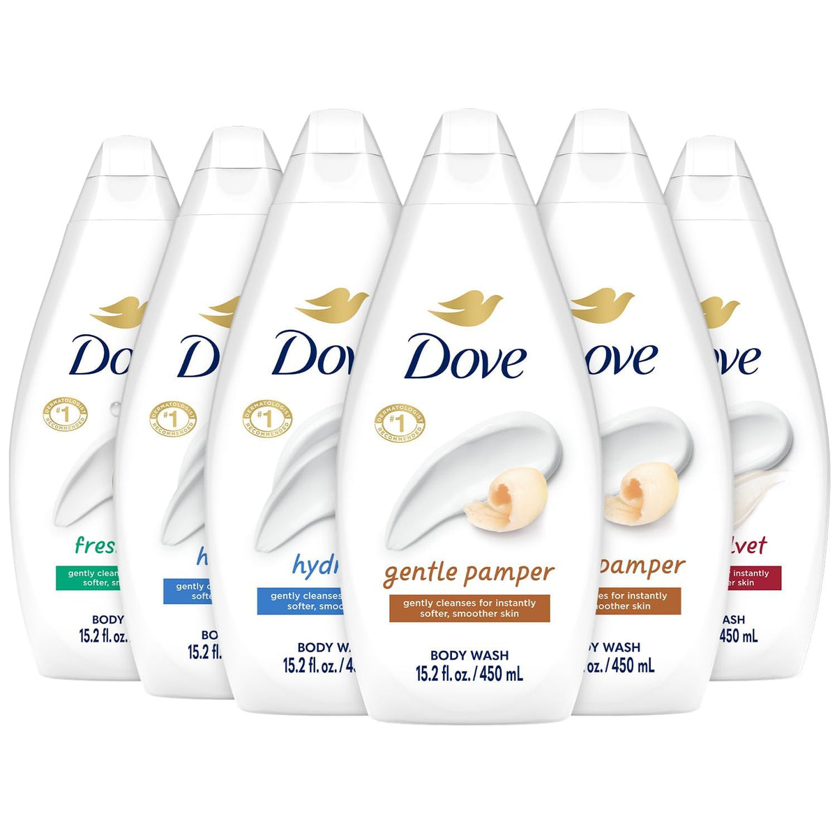 Dove Moisturizing Body Wash, Variety 6-Pack, 15.2 Oz Ea | Hydrate 2-Pack + Gentle Pamper, Fresh Care, and Silky Velvet | Moisturizing Shower Gel Liquid, Instantly Replenish Dry Skin