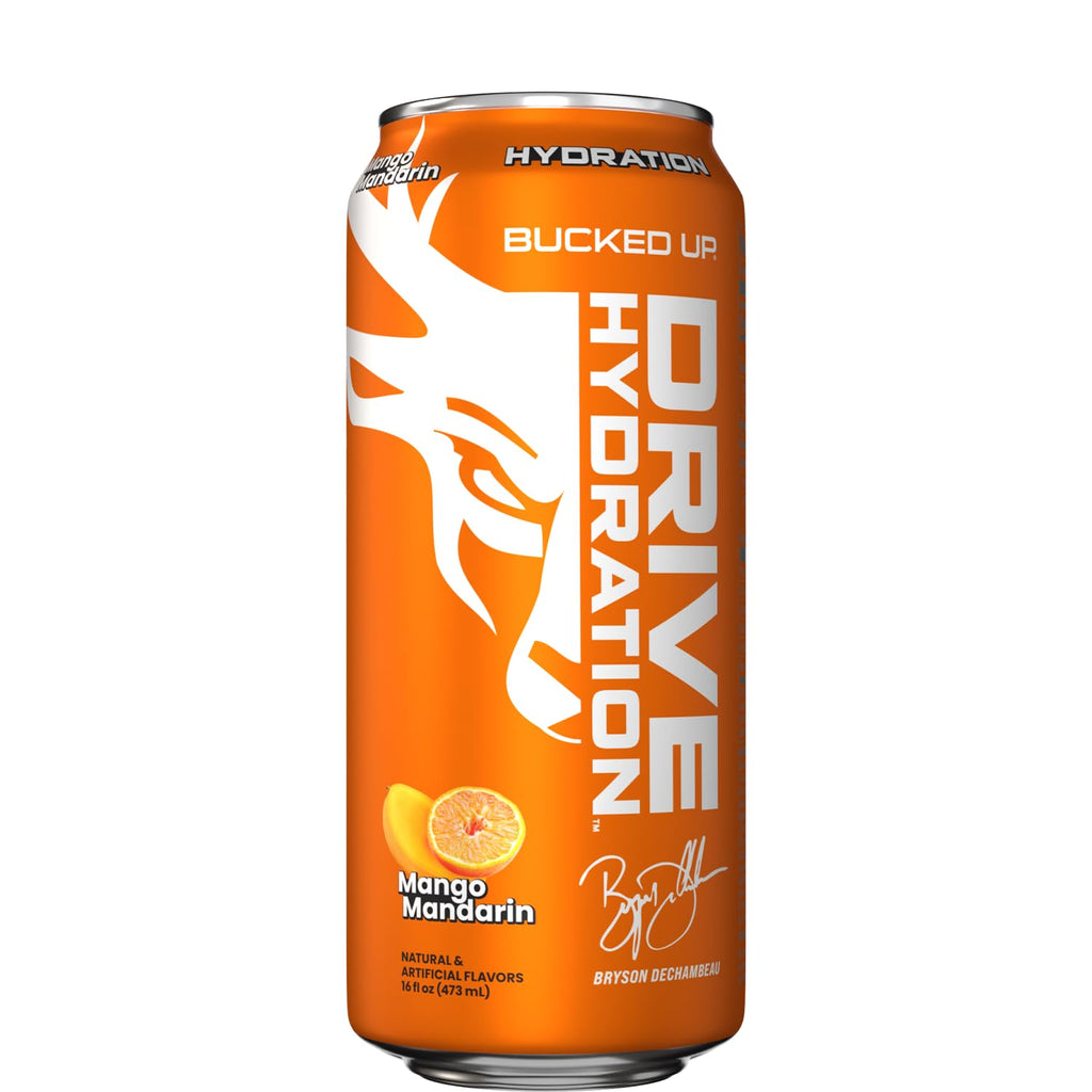 Bucked Up Drive Hydration and Energy | Zero Sugar Electrolyte Drink with GeniusPure Alpha-GPC & 50mg Natural Caffeine | No Artificial Colors | Performance Hydration Beverage | 12 Pack, 16 fl oz Cans | (Mango Mandarin)