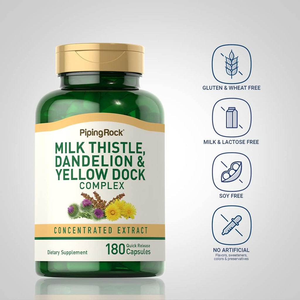 Piping Rock Milk Thistle, Dandelion & Yellow Dock | 180 Capsules | Concentrated Extract Complex | Non-GMO, Gluten Free Supplement