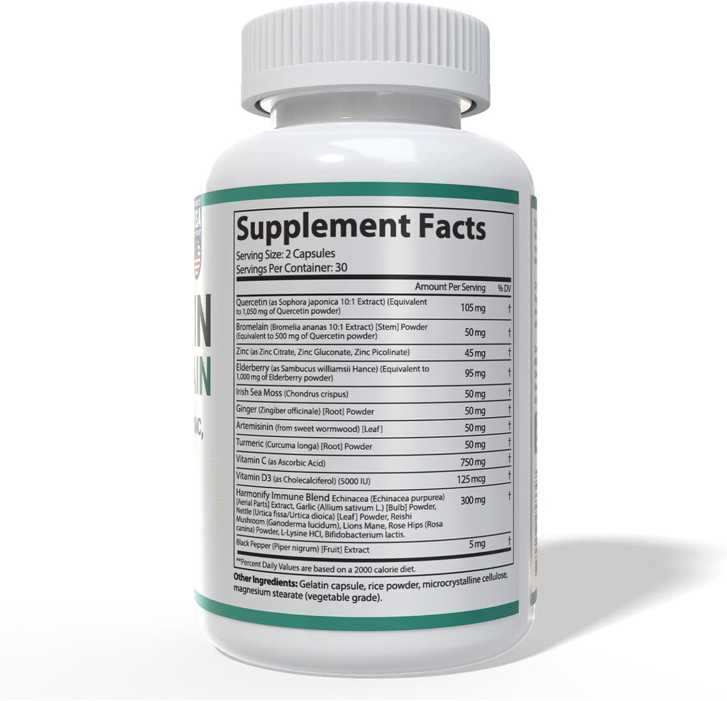 Quercetin with Bromelain, Immune Blend Supplements with Zinc Elderberry Vitamin C & D 5000 IU, Artemisinin, Irish Sea Moss, Echinacea, Garlic, Turmeric, Reishi and Ginger Powder, 1400 mg
