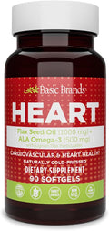 Basic Brands Smart Heart Flaxseed Oil, 1000 mg 90 Softgels | ALA Omega-3 & Lignans, Cold-Pressed, Plant-Based Omega-3, Heart, Brain & Skin, Non-GMO