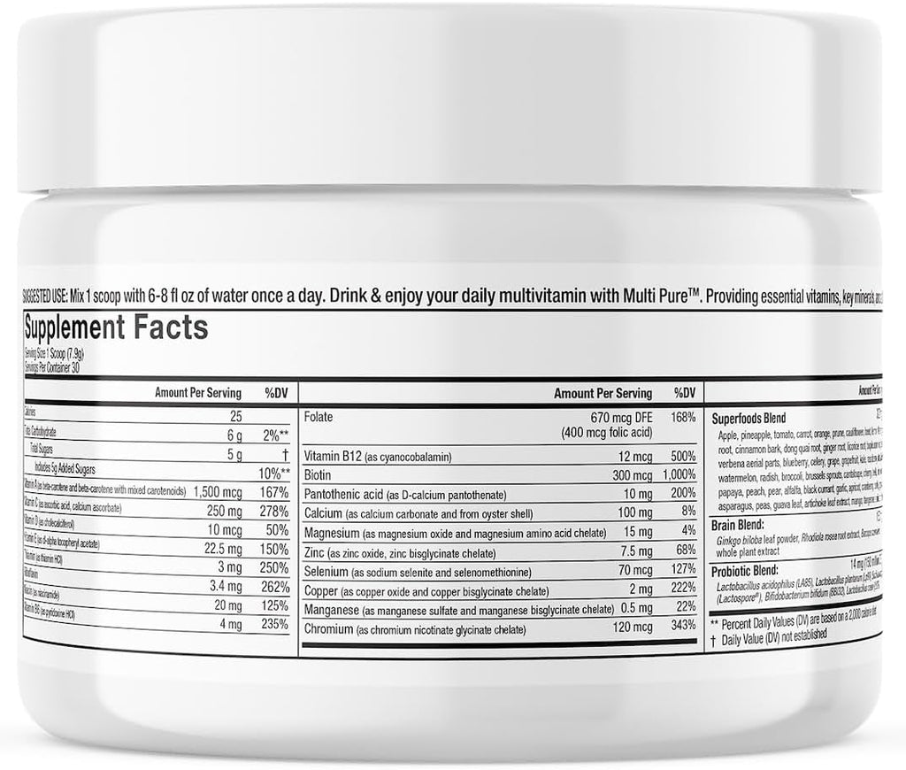 Reclaim Multi Pure Lemon Lime, Immune Support, Vitamin C, Vitamin B Complex, Probiotic, Superfood Powder, Calcium, Magnesium Oxide, (30 Servings) (Lemon Lime)