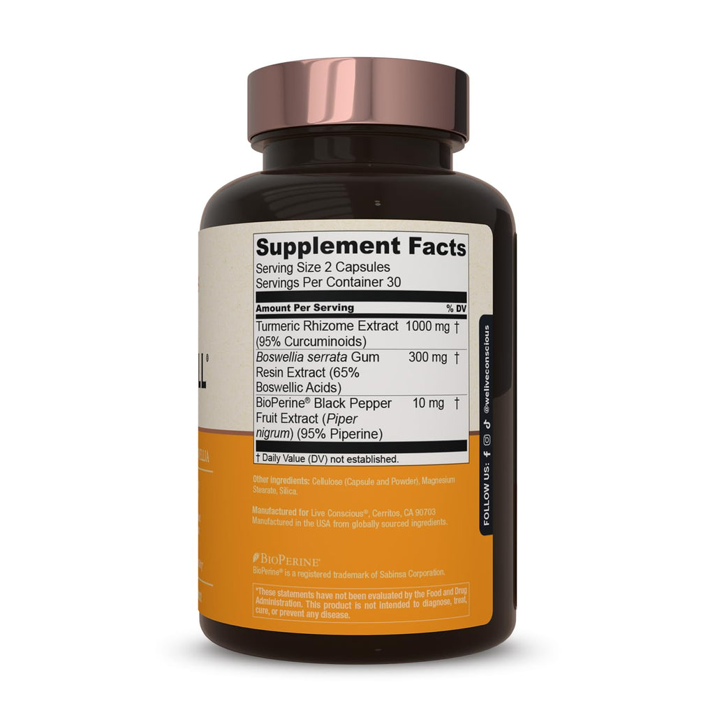 Live Conscious CurcuWell - Curcumin and Boswellia Blend | Maximum Strength Joint, Body and Cognitive Support - 30 Day Supply