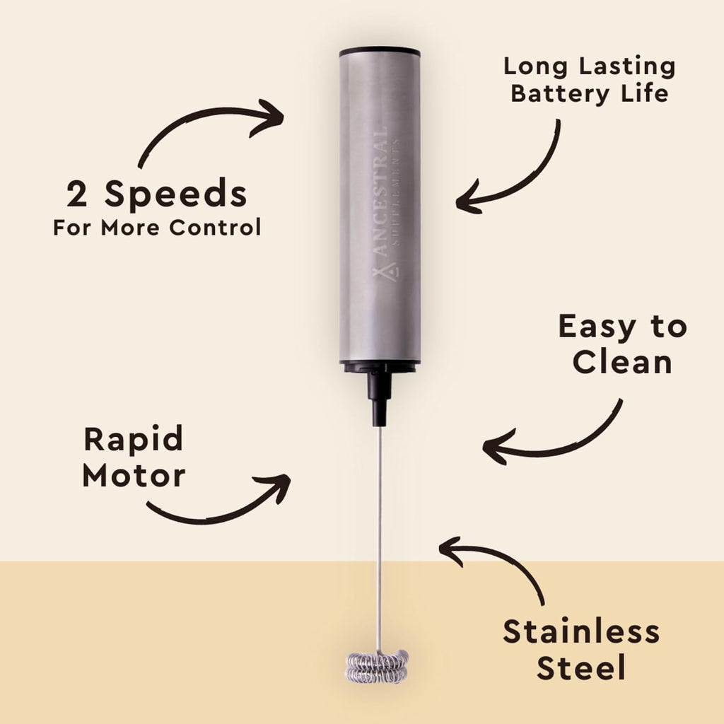 Ancestral Supplements Rechargeable Electric Frother Wand, Stainless Steel | Handheld milk frother and electric whisk for coffee, matcha latte and protein shakes. Fast, easy frothing.