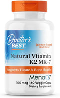 Doctor's Best Natural Vitamin K2 MK7 Supplement for Men & Women - Bone Health Support, 100 mcg Vitamin K-2 MK-7 Capsules with MenaQ7, Calcium Support, Non GMO, Vegan - 60 Veg Caps