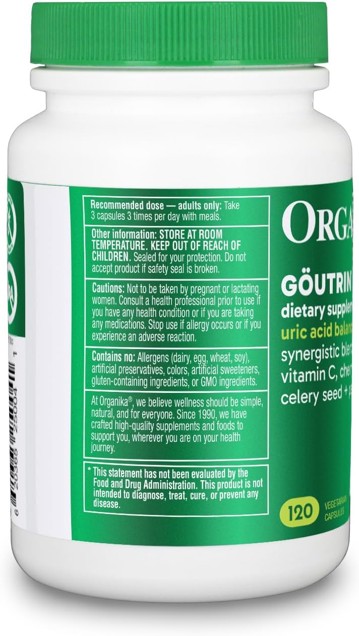 Organika Goutrin Uric Acid Flush for Gout (120 Caps): Gentle Gout Support with Cherry, Thyme, Celery Seed, Peppermint, & VIT C: Clean & Vegan Gout Supplements for Men & Women - Metabolism & Mobility