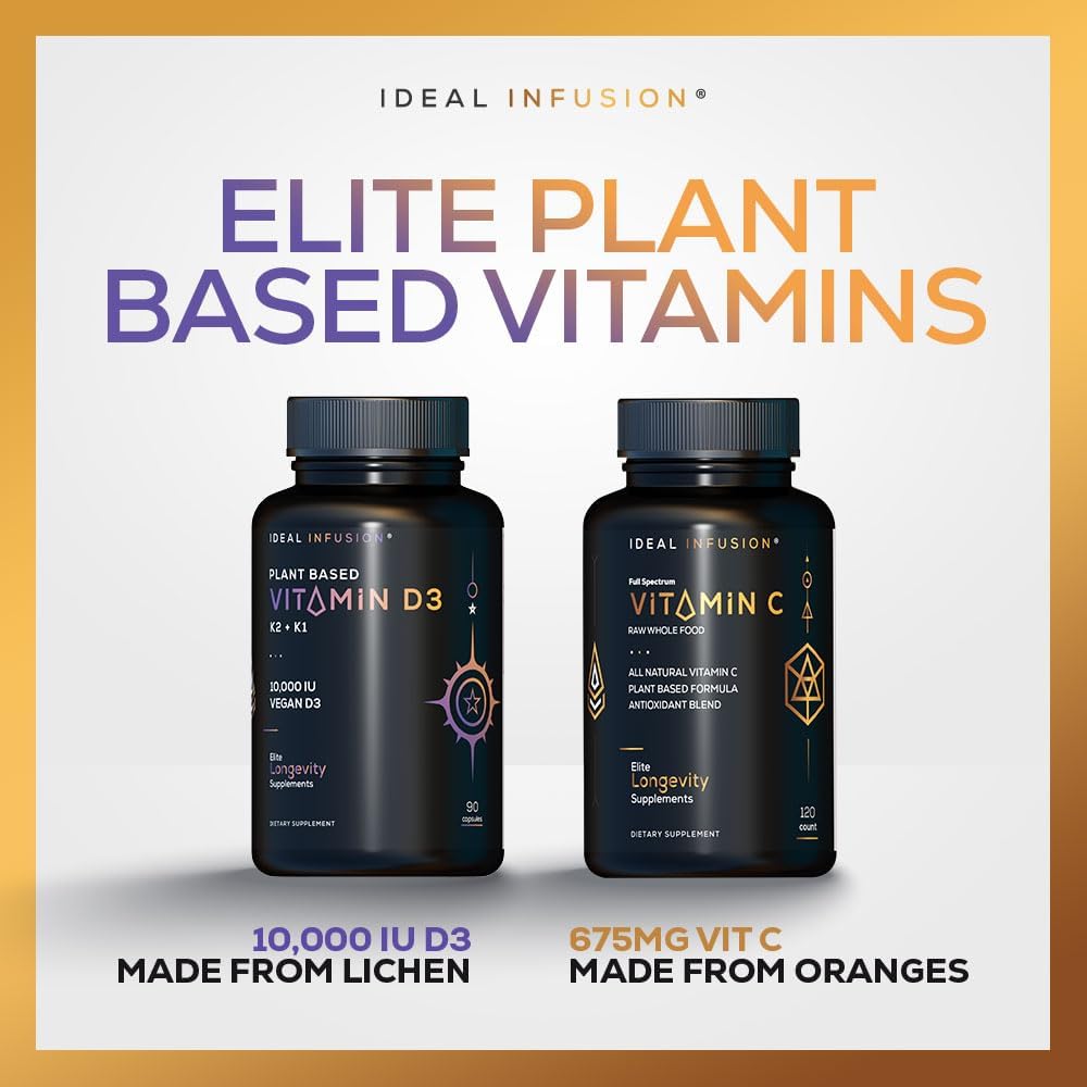 Ideal Infusion High Potency Vegan Vitamin D - 10000 IU - Plant Based from Lichen - Natural D3 K2 K1 Supplement for Immune System, Arterial Health, Bone Support - Coconut MCT - 3 Month Supply