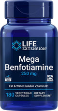 Life Extension Mega Benfotiamine 250 mg, 180 Vegetarian Capsules | 250 mg of benfotiamine and 10 mg of thiamine (vitamin B1) per capsule. Non-GMO, Gluten Free, Vegetarian.
