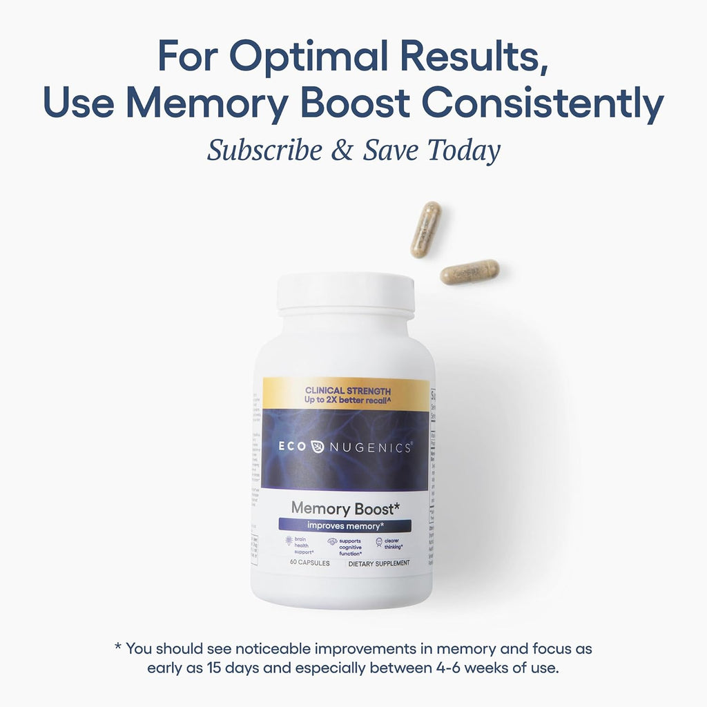 EcoNugenics Memory Boost Supplement – Clinically Studied Ingredients to Support Brain Focus & Health – Nootropic Formula with Bacopa Monnieri, Boswellia Serrata & Ginkgo Biloba Extract – 60 Capsules