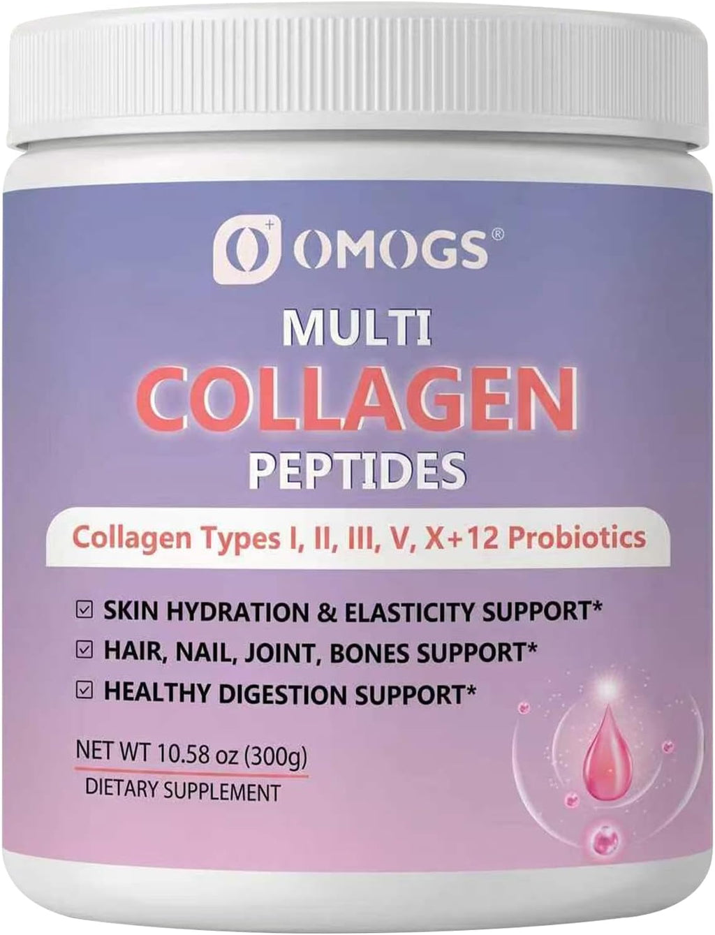 OMOGS Hydrolyzed Collagen Peptide Powder with Prebiotics, Vitamin C & Cranberry Extract，Support Hair, Skin, Nails, Bones, Digestive & Urinary Tract Health, Easy Dissolve, Non-GMO, for Women & Men.