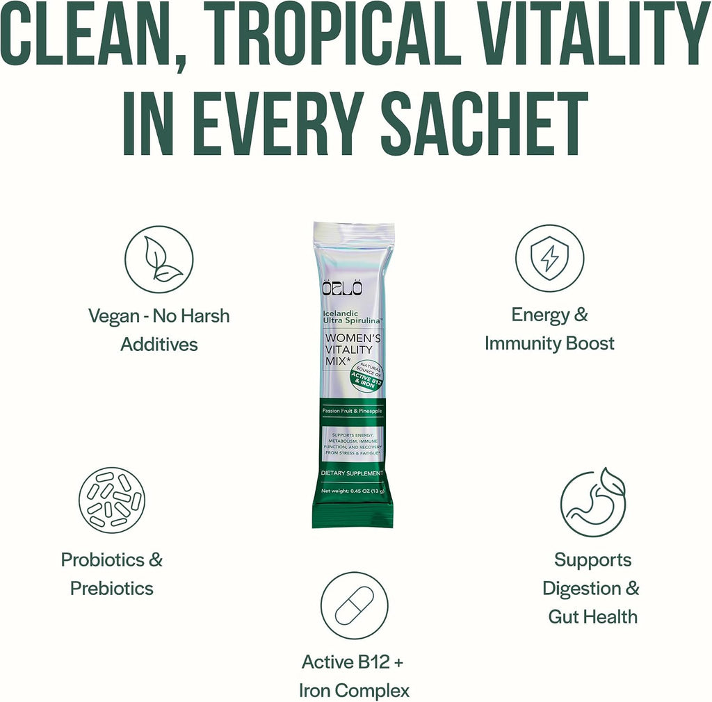 Orlo Women's Vitality Mix Travel Kit – Daily Multivitamin & Bacillus Probiotic Supplement for Feminine Health, Energy, Focus with Vitamin D3, B12, Iron, Glycine, Cranberry & Spirulina (7 sachets)
