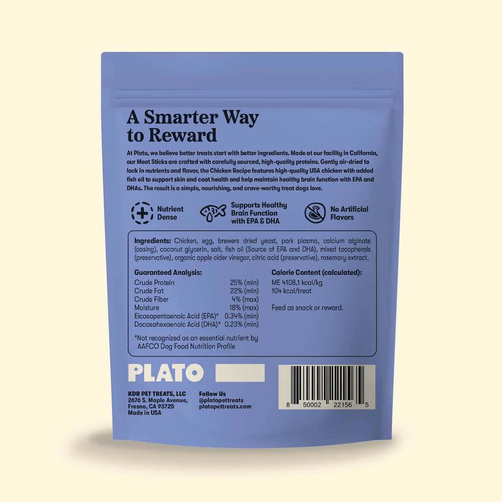 Plato Meat Sticks Salmon Dog Treats, Air-Dried High-Protein Soft Chews with Omega Fish Oil (EPA & DHA), 10 oz