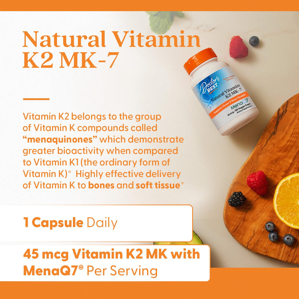 Doctor's Best Natural Vitamin K2 MK7 Supplement for Men & Women - Bone Health Support, 45 mcg Vitamin K-2 MK-7 Capsules with MenaQ7, Calcium Support, Non GMO, Vegan - 60 Veg Caps