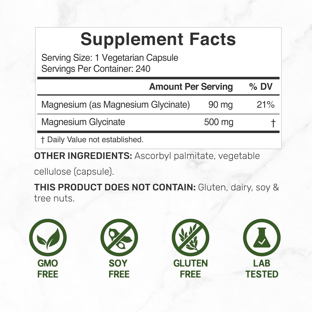 Deal Supplement Magnesium Glycinate 500mg Per Serving, 240 Veggie Capsules | 100% Chelated Magnesium Glycinate, Essential Mineral Supplement for Women & Men. Non-GMO, Gluten Free.