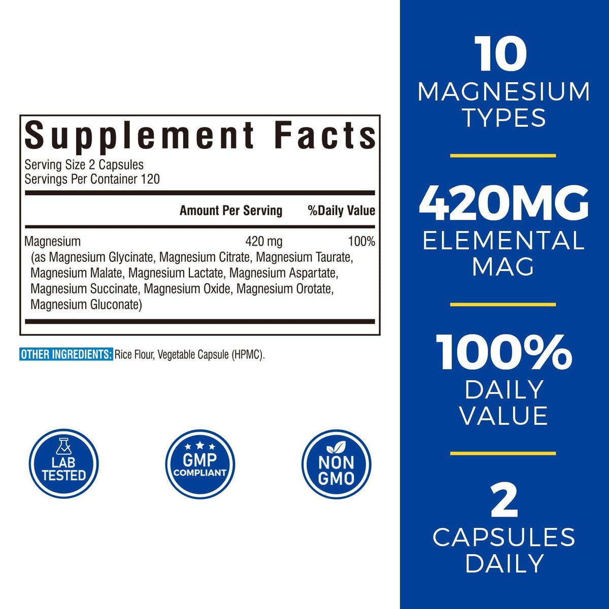 Vitalibre 10 in 1 Magnesium Complex, 420mg Elemental Magnesium 120 Capsules | Ultra Strength, Max Absorption | Chelated Magnesium Supplement for Women Men Nerves, Bone & Heart Health | Non-GMO