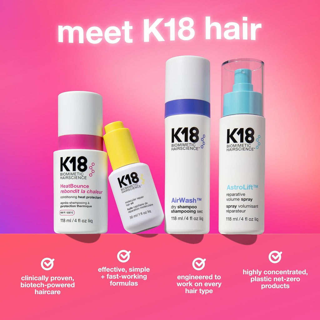 K18 HeatBounce Conditioning Heat Protectant Spray, Lightweight Leave-In Conditioner + 450℉ (232°C) Inside-Out Heat Protection, Soften, Smooth + Detangle All Hair Types