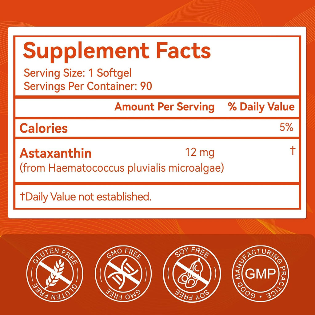 Astaxanthin 12mg Organic Easy to Swallow Astaxanthin Supplement 90 Softgels | Support Eye & Brain & Skin Health, Triple Strength, Fresh Microalgae Source, Organic Non-GMO, Gluten Free, No Soy, Vegan