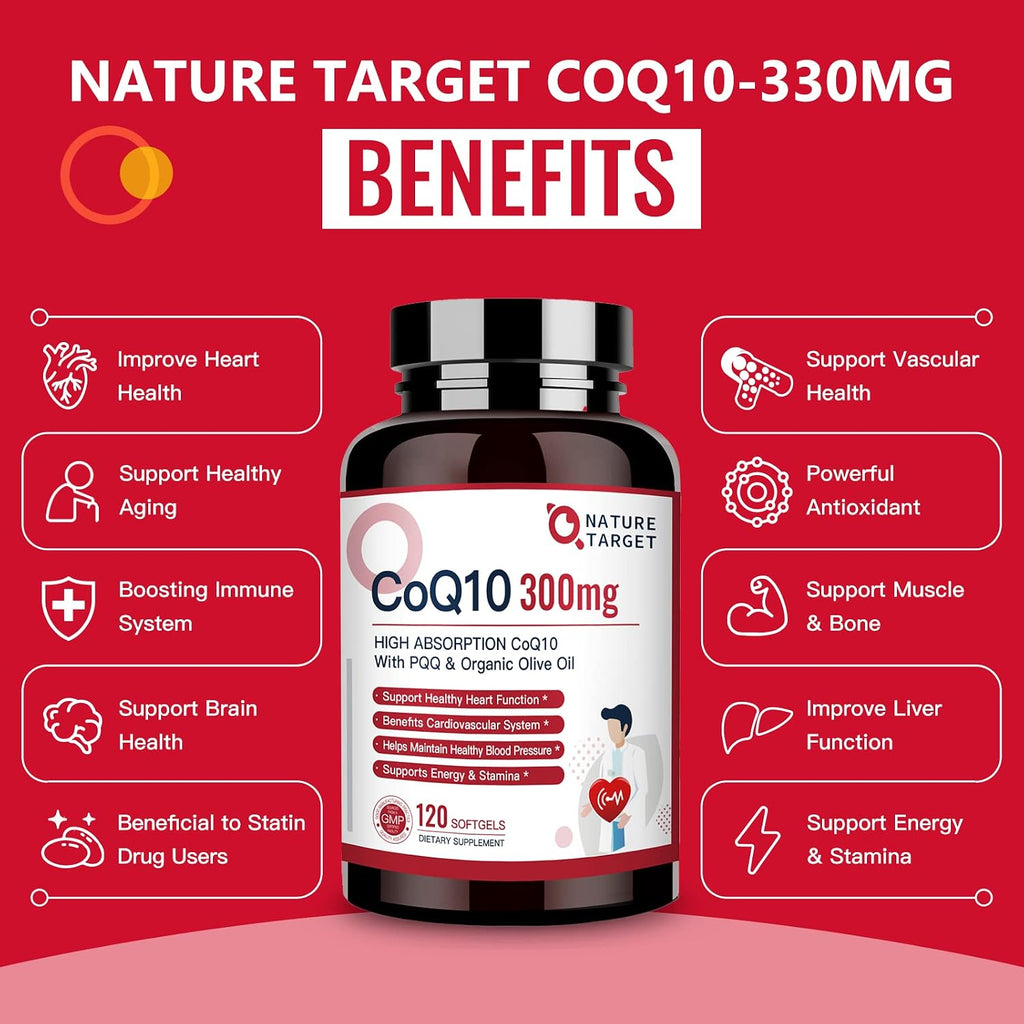 NATURE TARGET CoQ10-300mg-Softgels + PQQ with Organic-Olive-Oil - High Absorption-Coenzyme-Q10 - Antioxidant-for-Heart-Health and Immune Support, Energy Production, 120 Servings | High Absorption Coenzyme Q10 with BioPerine, Antioxidant for Heart, Brain,