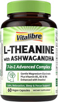 Vitalibre L Theanine Supplement 200mg | 7 in 1 L-Theanine with Magnesium Glycinate, Ashwagandha, Inositol, Vitamin B1 B2 B6 | No Gluten, for Calm, Relaxation, Sleep & Focus Support, 60 Vegan Caps