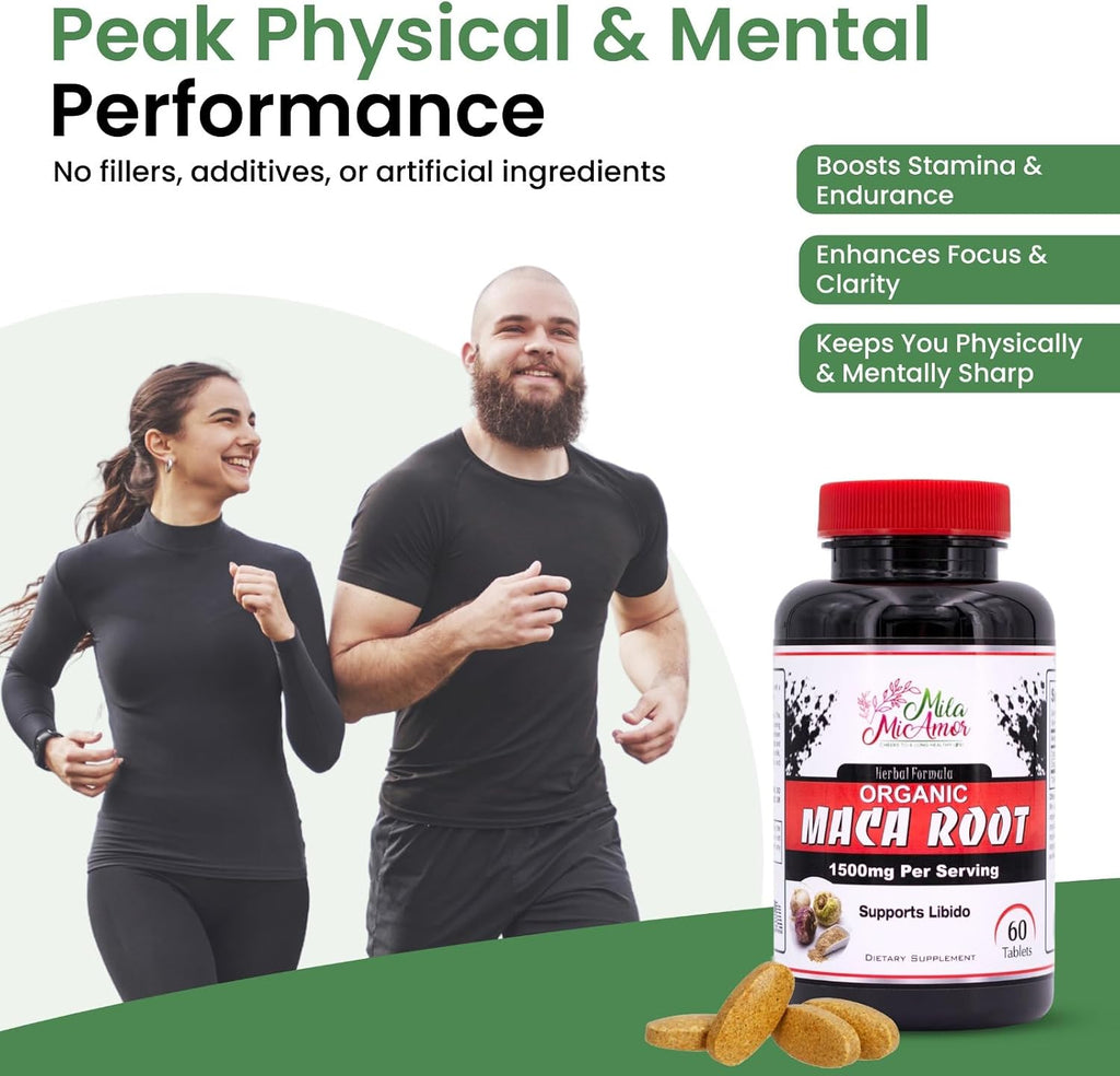 Organic Maca Root Extract 1500 mg, Peak Performance for Men & Women, Sustained Energy & Hormone Support with Black Pepper, Non-GMO, 60 Tablets, US-Made