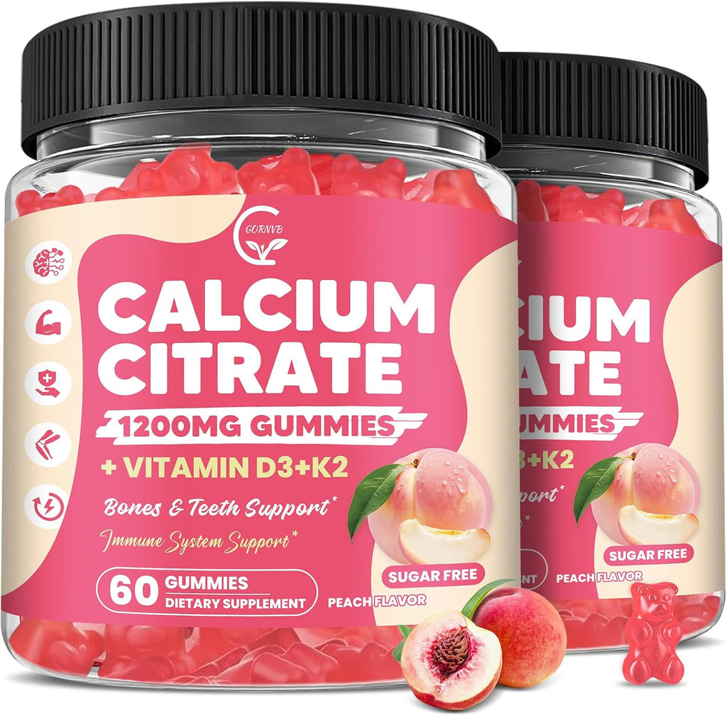 (2 Pack) Calcium Citrate Gummies 1200 mg with Vitamin D3, K2 for Bone, Muscle & Immune Support, High Absorption Chewable Calcium Supplements for Women & Men, Sugar Free, Vegan, Peach Flavor, 60 Chews