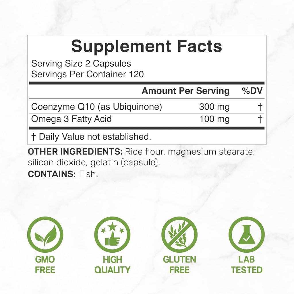 DEAL SUPPLEMENT CoQ10 300mg with Omega 3 100mg, 240 Capsules | Bioavailable Coenzyme Q10 Formula | Supports Heart, Energy & Brain Health | Antioxidant Support | Non-GMO