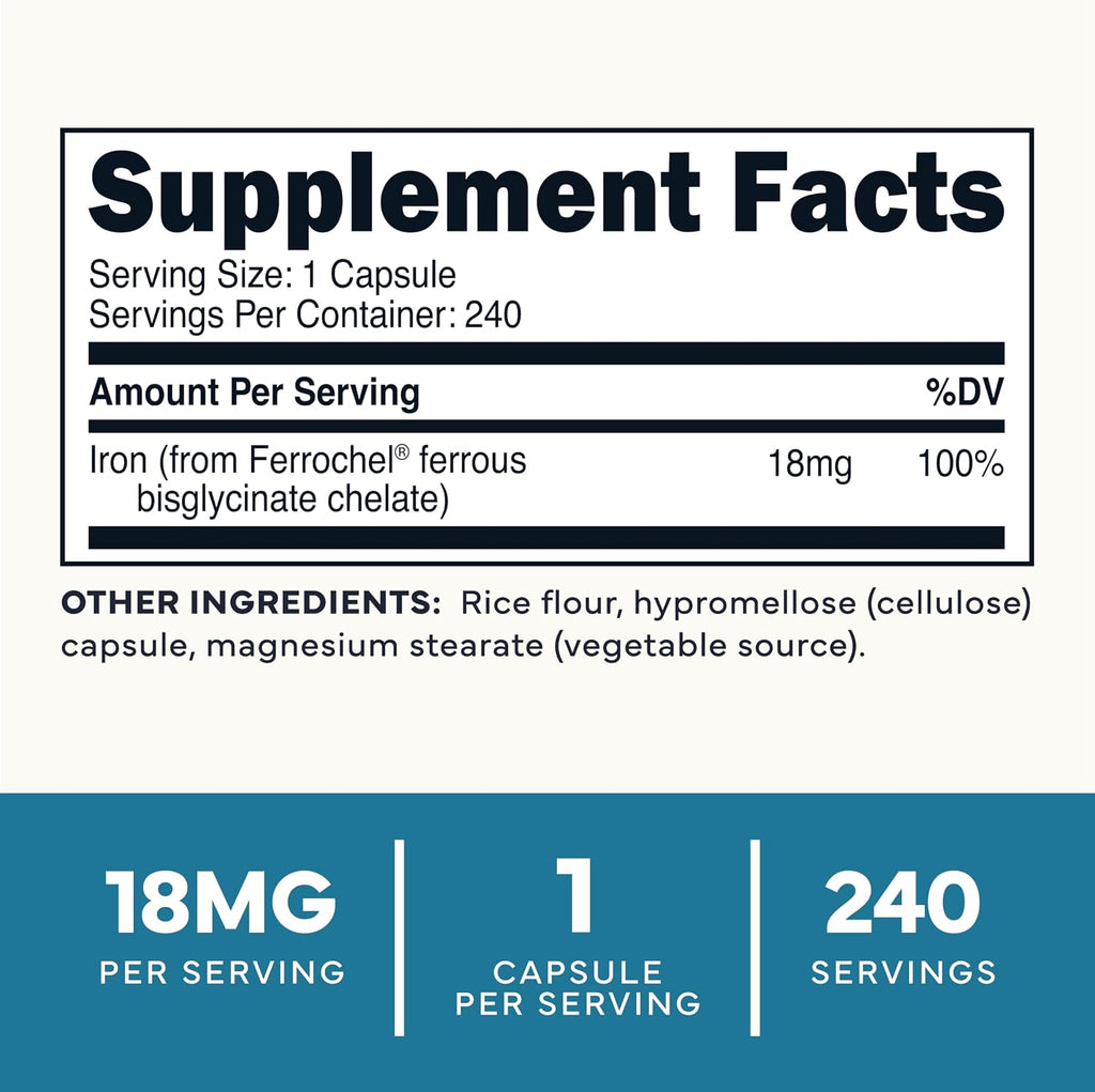 Type Zero Iron Chelate (18mg) 240 Capsules, Gluten-Free, GMO-Free | From Ferrochel Ferrous Bisglycinate Chelate